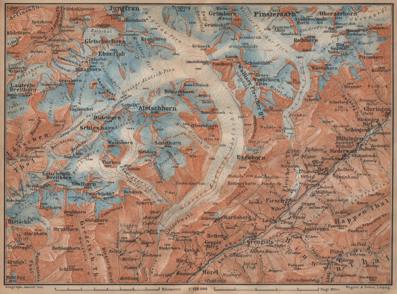 ALETSCHHORN DISTRICT. Fiesch Mörel Jungfrau Nesthorn Grengiols 1907 old map